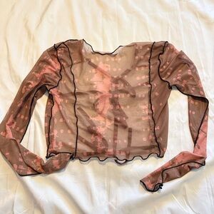 Boohoo Sheer Mesh Long Sleeve Top Size 6 Brown Pink Y2K Aesthetic